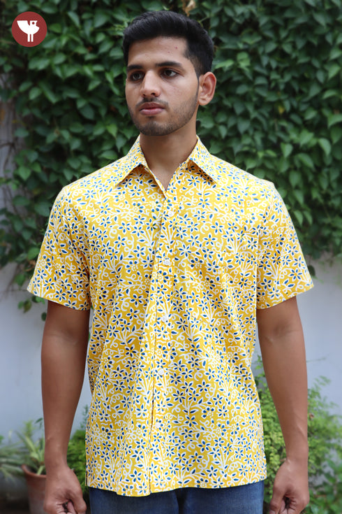 Regular Fit Cambric Cotton Men’s Half Sleeved Shirt in Floral Block Print