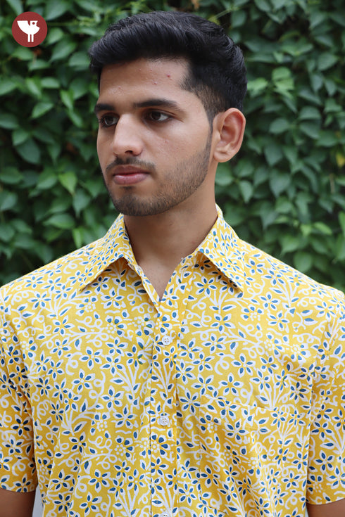 Regular Fit Cambric Cotton Men’s Half Sleeved Shirt in Floral Block Print