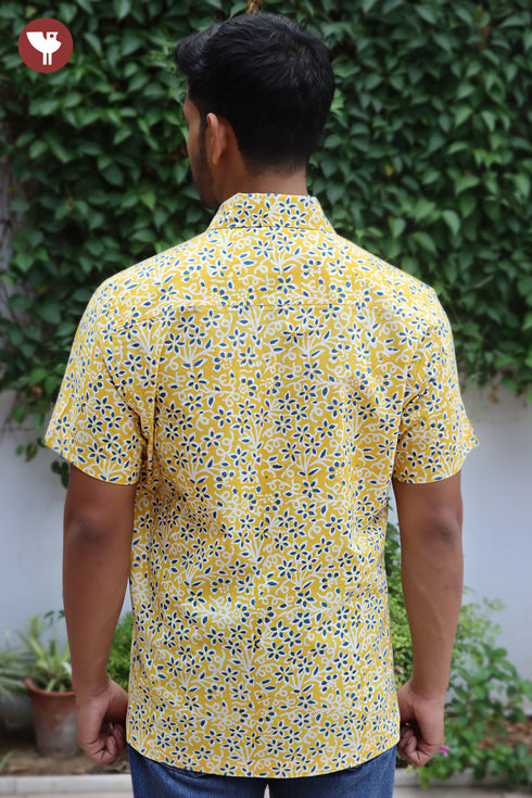 Regular Fit Cambric Cotton Men’s Half Sleeved Shirt in Floral Block Print