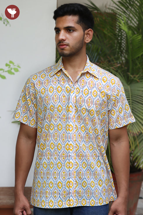 Regular Fit Cambric Cotton Men’s Half Sleeved Shirt in Geometric Block Print