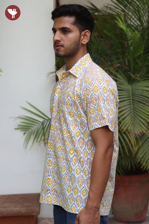 Regular Fit Cambric Cotton Men’s Half Sleeved Shirt in Geometric Block Print