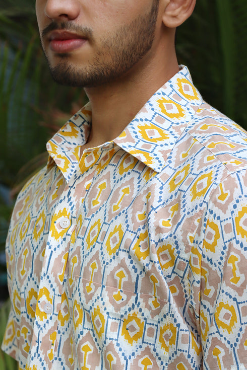 Regular Fit Cambric Cotton Men’s Half Sleeved Shirt in Geometric Block Print