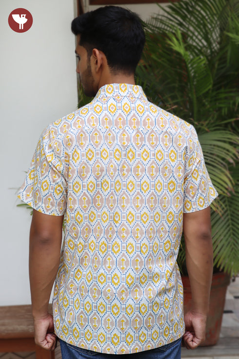 Regular Fit Cambric Cotton Men’s Half Sleeved Shirt in Geometric Block Print