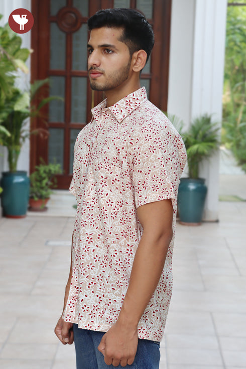 Regular Fit Cambric Cotton Men’s Half Sleeved Shirt in Floral Block Print