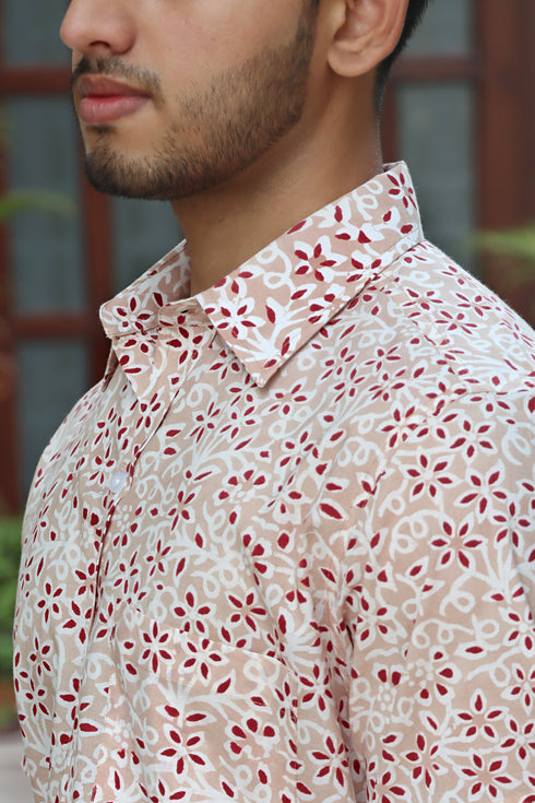 Regular Fit Cambric Cotton Men’s Half Sleeved Shirt in Floral Block Print