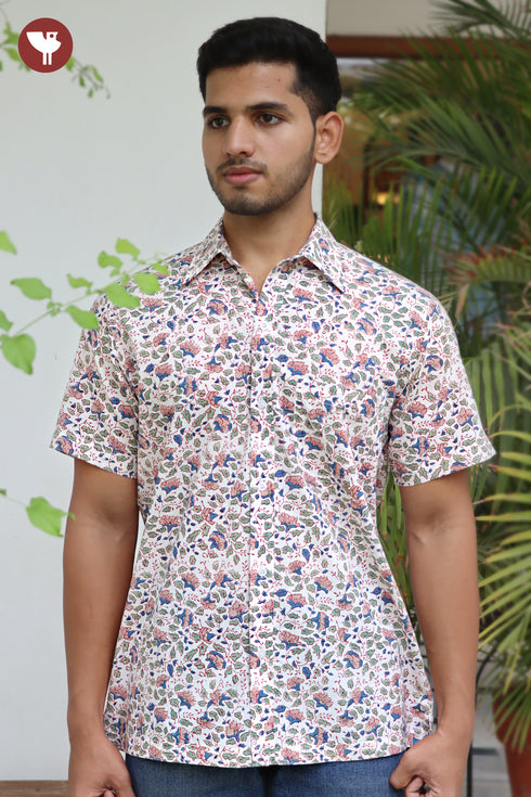Regular Fit Cambric Cotton Men’s Half Sleeved Shirt in Floral Block Print