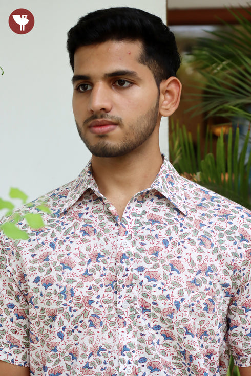 Regular Fit Cambric Cotton Men’s Half Sleeved Shirt in Floral Block Print