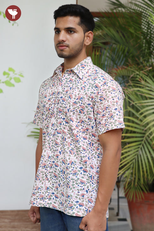 Regular Fit Cambric Cotton Men’s Half Sleeved Shirt in Floral Block Print