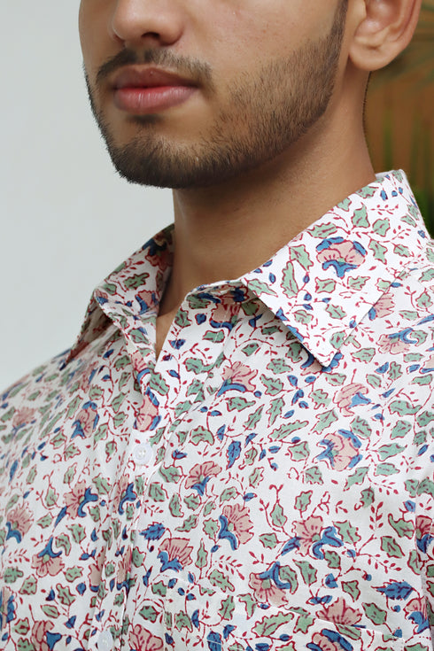 Regular Fit Cambric Cotton Men’s Half Sleeved Shirt in Floral Block Print