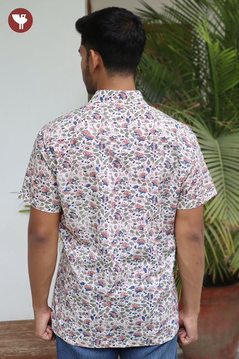 Regular Fit Cambric Cotton Men’s Half Sleeved Shirt in Floral Block Print