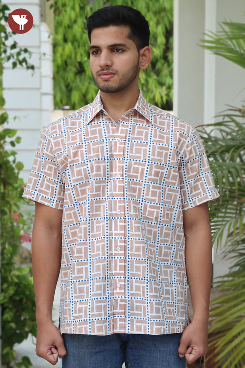 Regular Fit Cambric Cotton Men’s Half Sleeved Shirt in Geometric Block Print