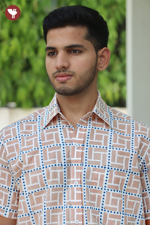 Regular Fit Cambric Cotton Men’s Half Sleeved Shirt in Geometric Block Print