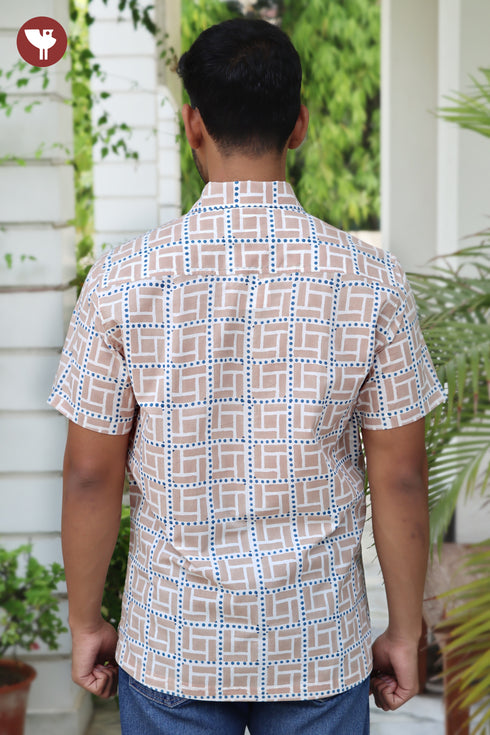 Regular Fit Cambric Cotton Men’s Half Sleeved Shirt in Geometric Block Print