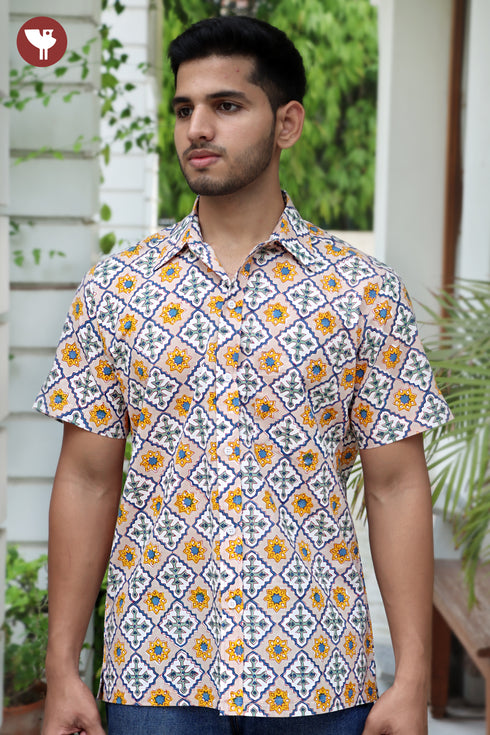 Regular Fit Cambric Cotton Men’s Half Sleeved Shirt in Aztec Block Print