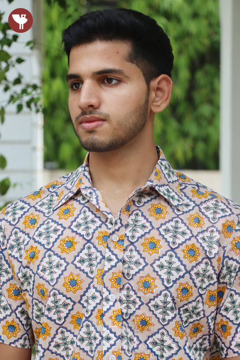 Regular Fit Cambric Cotton Men’s Half Sleeved Shirt in Aztec Block Print