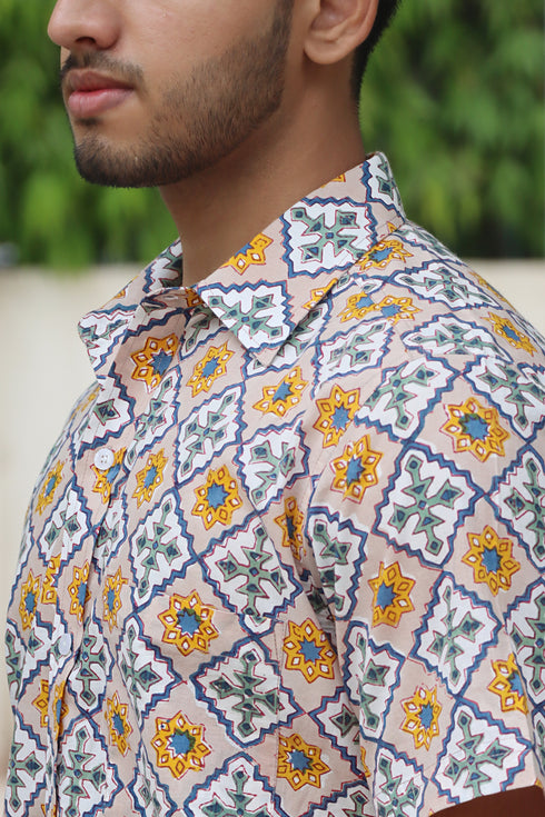 Regular Fit Cambric Cotton Men’s Half Sleeved Shirt in Aztec Block Print