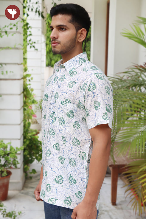 Regular Fit Cambric Cotton Men’s Half Sleeved Shirt In Block Print