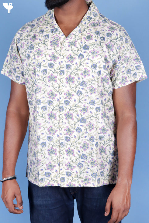Blended Cotton Men’s Bush Shirt In Block Print