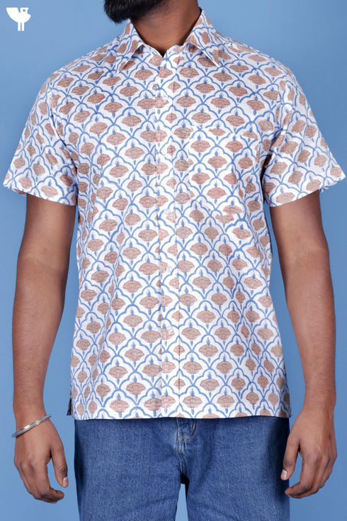 Regular Fit Lyocell Men’s Half Sleeved Shirt In Block Print