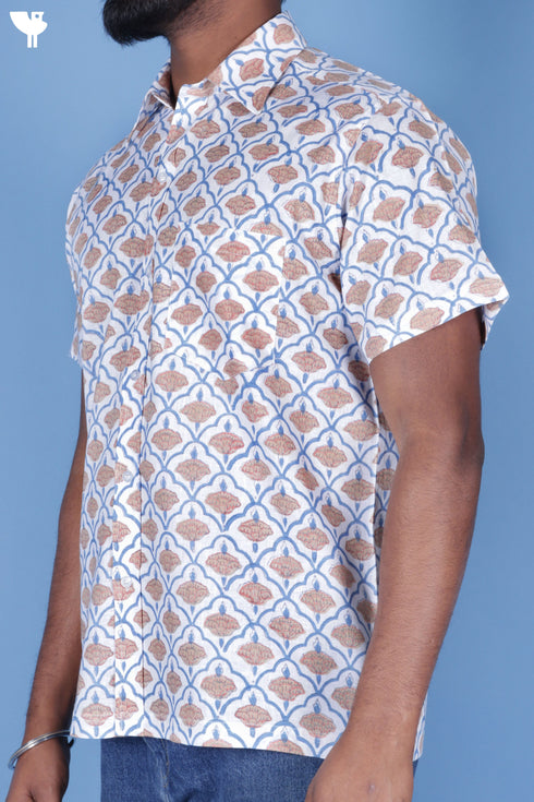 Regular Fit Lyocell Men’s Half Sleeved Shirt In Block Print