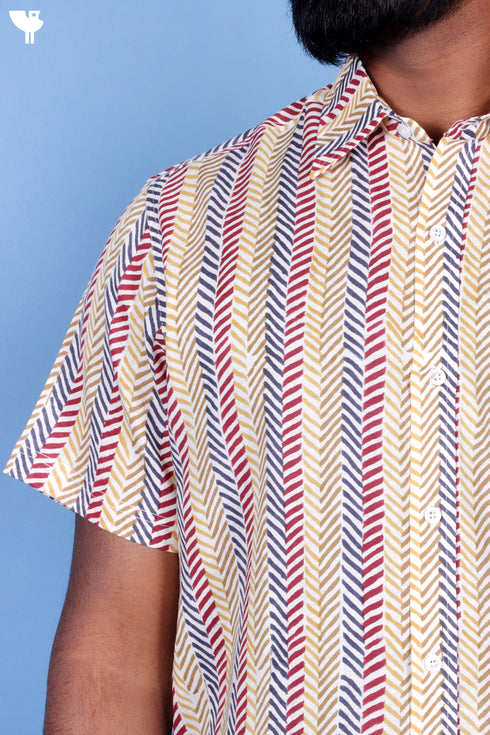 Lyocell Multicolour Men’s Half Sleeved Shirt In Block Print