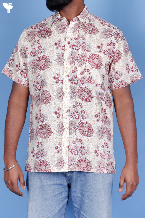 Lyocell Men’s Half Sleeved Shirt In Floral Block Print Off-White