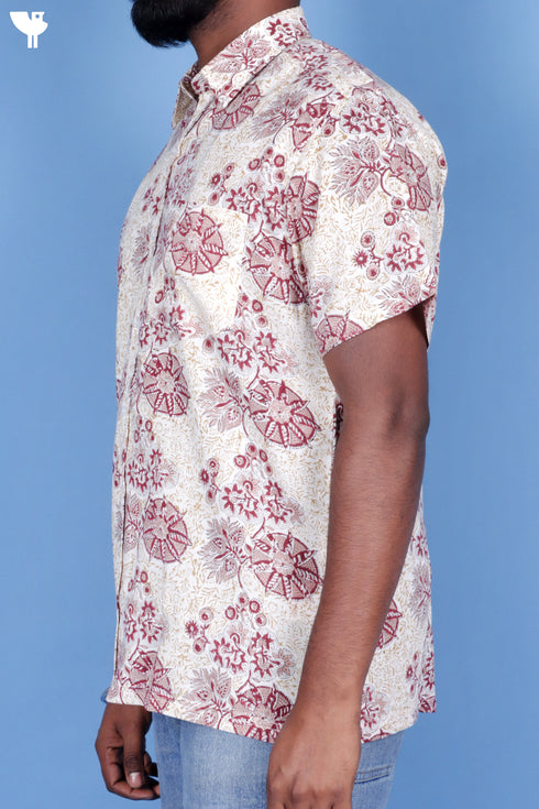 Lyocell Men’s Half Sleeved Shirt In Floral Block Print Off-White
