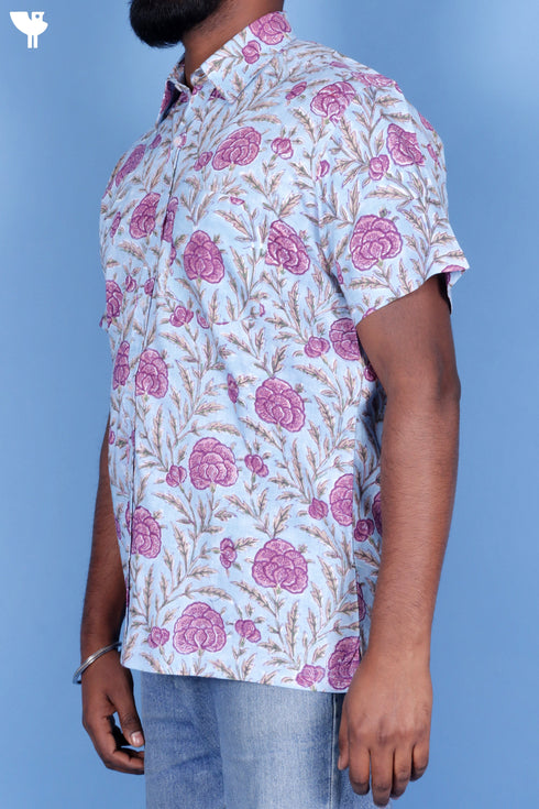 Lyocell Men’s Half Sleeved Shirt In Floral Block Print Sky Blue