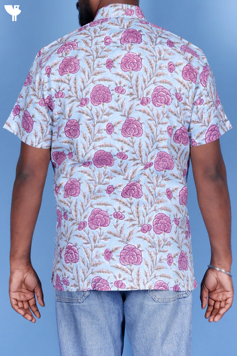 Lyocell Men’s Half Sleeved Shirt In Floral Block Print Sky Blue