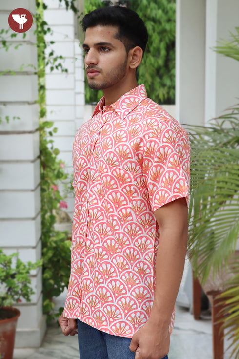 Regular Fit Lyocell Men’s Half Sleeved Shirt In Block Print