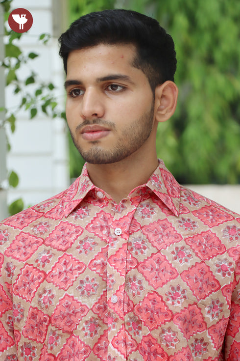 Regular Fit Lyocell Men’s Half Sleeved Shirt in Aztec Block Print
