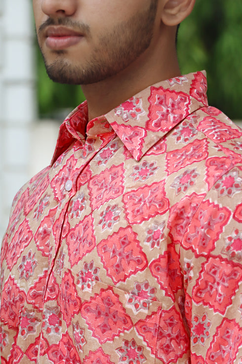 Regular Fit Lyocell Men’s Half Sleeved Shirt in Aztec Block Print