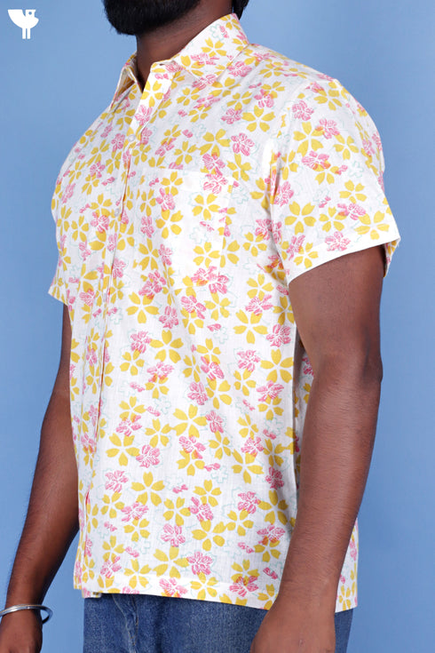 Regular Fit Cotton Men’s Half Sleeved Shirt In Block Print