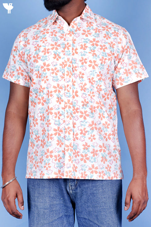 Regular Fit Cotton Men’s Half Sleeved Shirt In Block Print