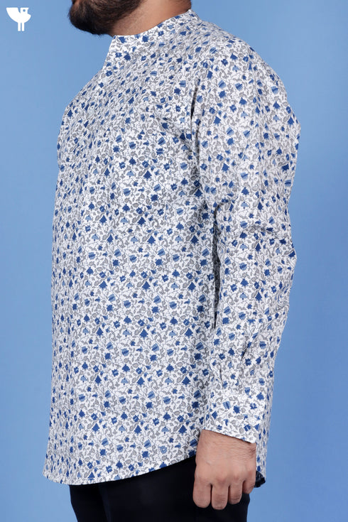 Regular Fit Cotton Men’s Short Kurta In Floral Print