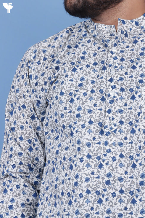 Regular Fit Cotton Men’s Short Kurta In Floral Print