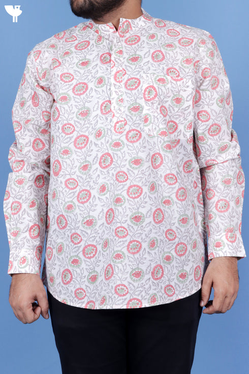Regular Fit Cotton Men’s Short Kurta In Floral Block Print