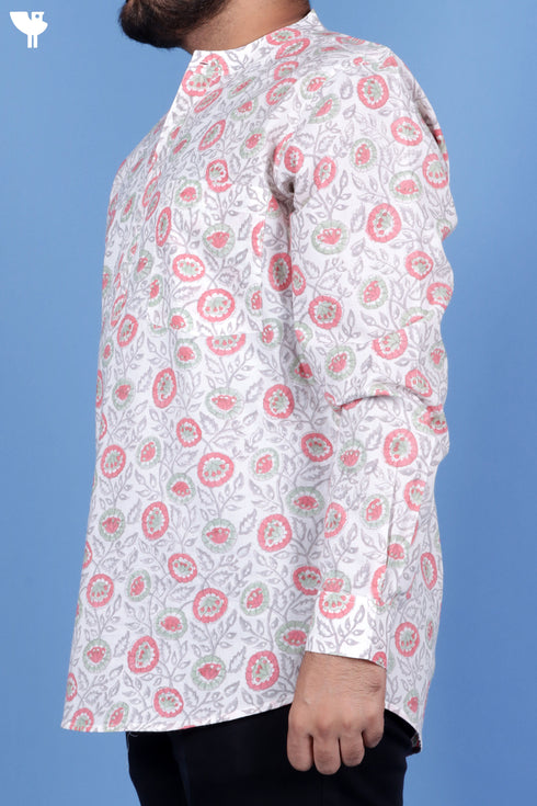 Regular Fit Cotton Men’s Short Kurta In Floral Block Print