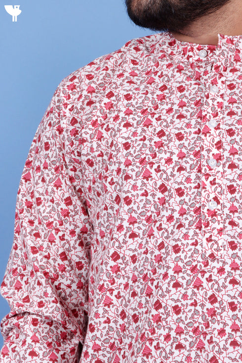 Regular Fit Cotton Men’s Short Kurta In Floral Print