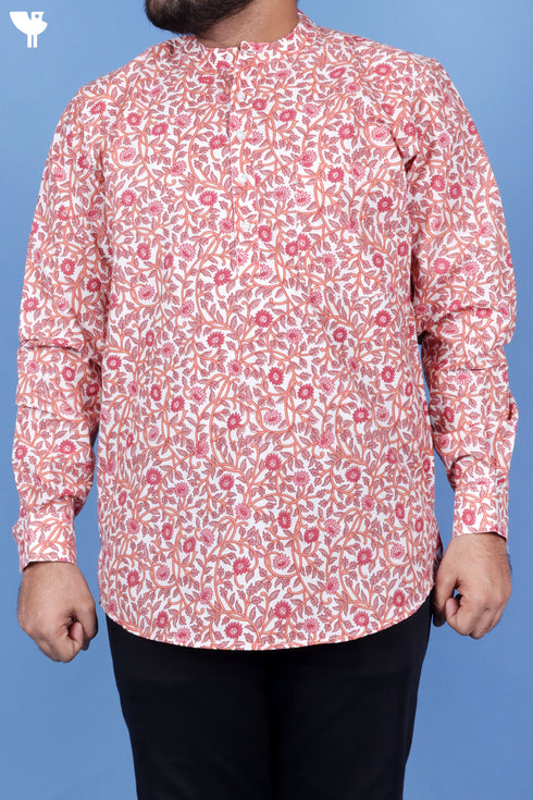 Regular Fit Cotton Men’s Short Kurta In Floral Print