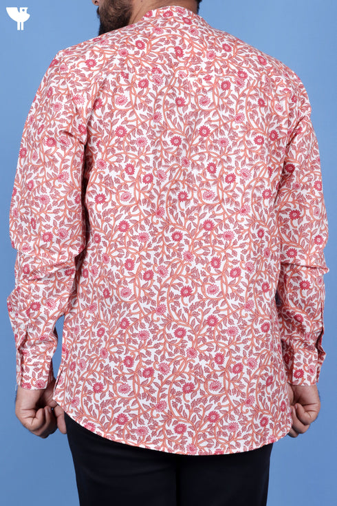 Regular Fit Cotton Men’s Short Kurta In Floral Print