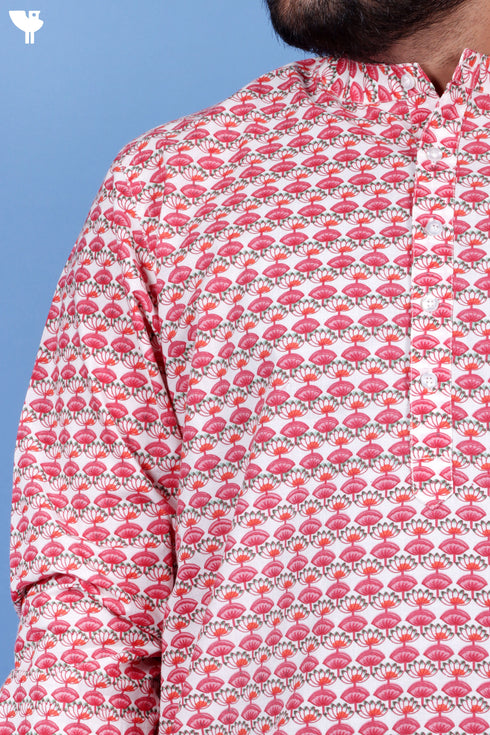 Regular Fit Cotton Men’s Short Kurta In Floral Print