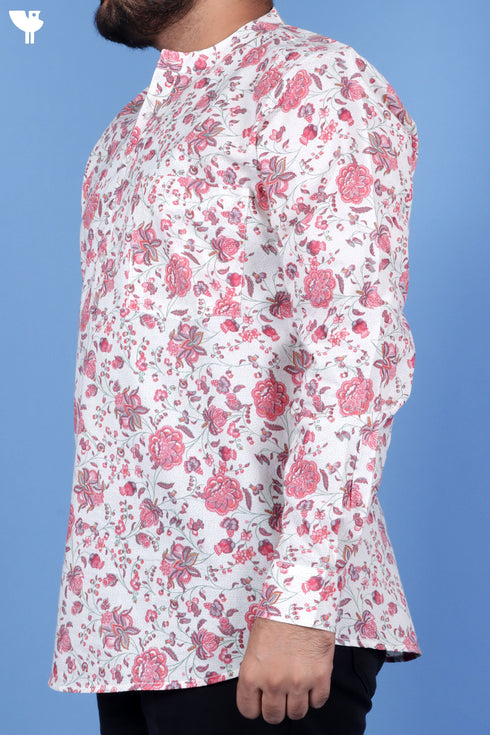 Regular Fit Cotton Men’s Short Kurta In Floral Print