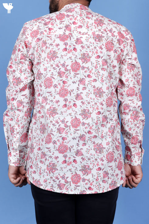 Regular Fit Cotton Men’s Short Kurta In Floral Print