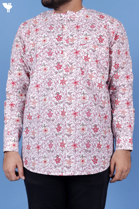 Regular Fit Cotton Men’s Short Kurta In Floral Print
