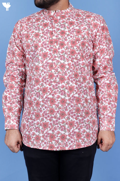 Regular Fit Cotton Men’s Short Kurta In Floral Print
