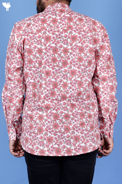 Regular Fit Cotton Men’s Short Kurta In Floral Print