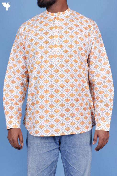 Cotton Men’s Short Kurta In Floral Block Print