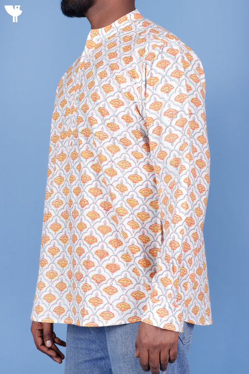 Cotton Men’s Short Kurta In Floral Block Print