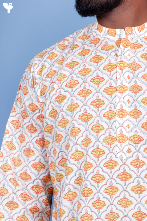 Cotton Men’s Short Kurta In Floral Block Print